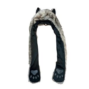 Women's Faux Fur Wolf Hooded Scarf with Paws